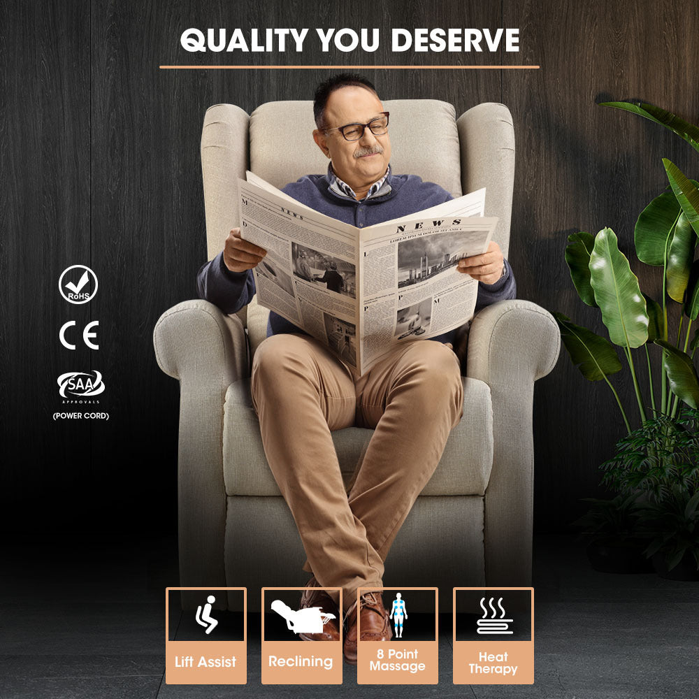 Fortia Electric Lift Assist Massage Chair Heat Therapy 140 Recline Beige Fabric