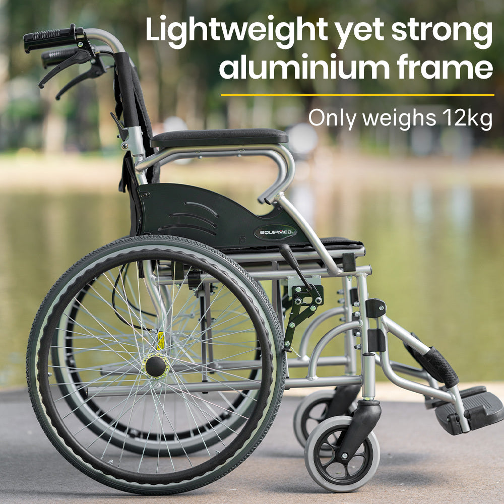 Equipmed Lightweight Folding Wheelchair 12kg Never-Flat Tyres 20-inch