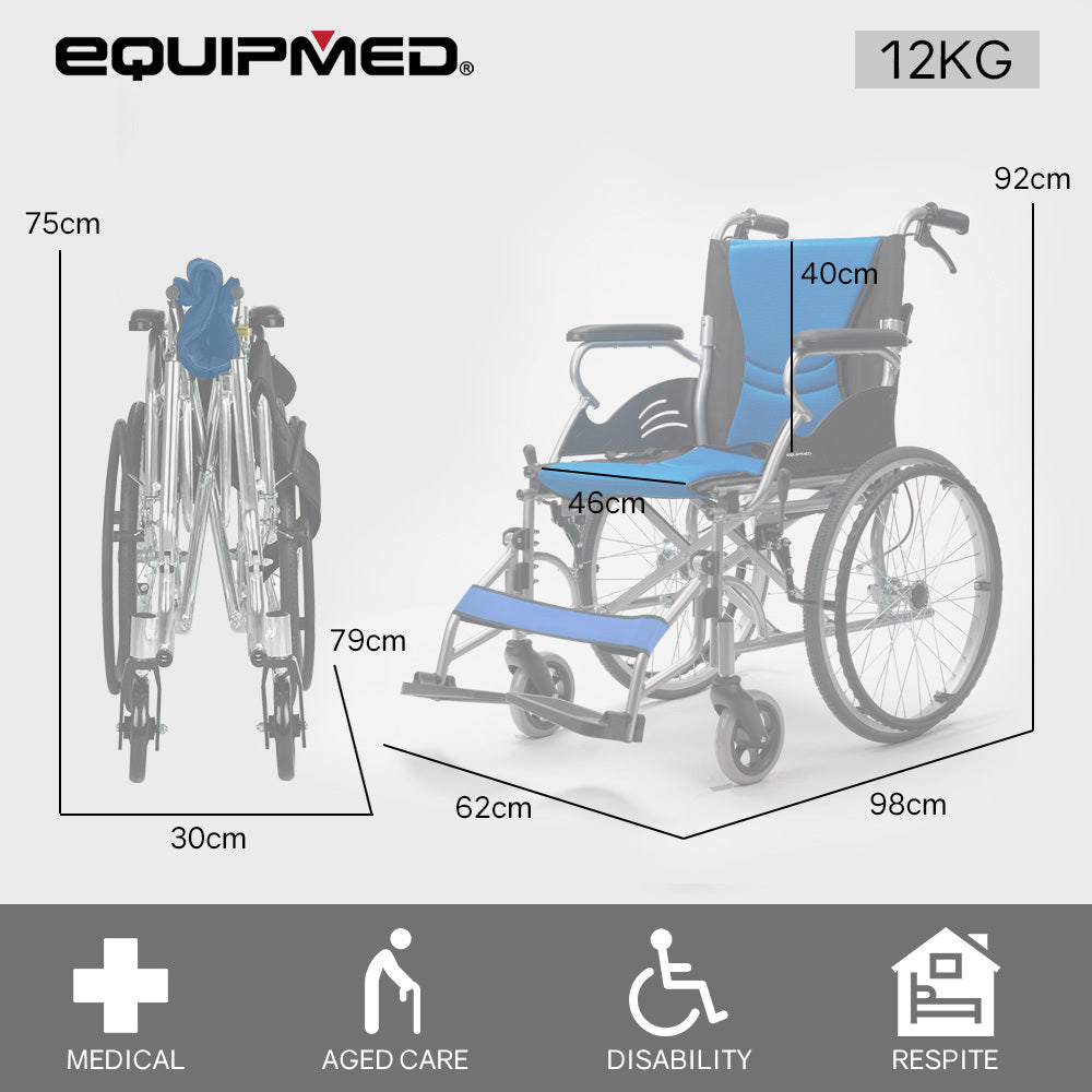 Equipmed Folding Aluminium Wheelchair 100kg 20-inch Blue
