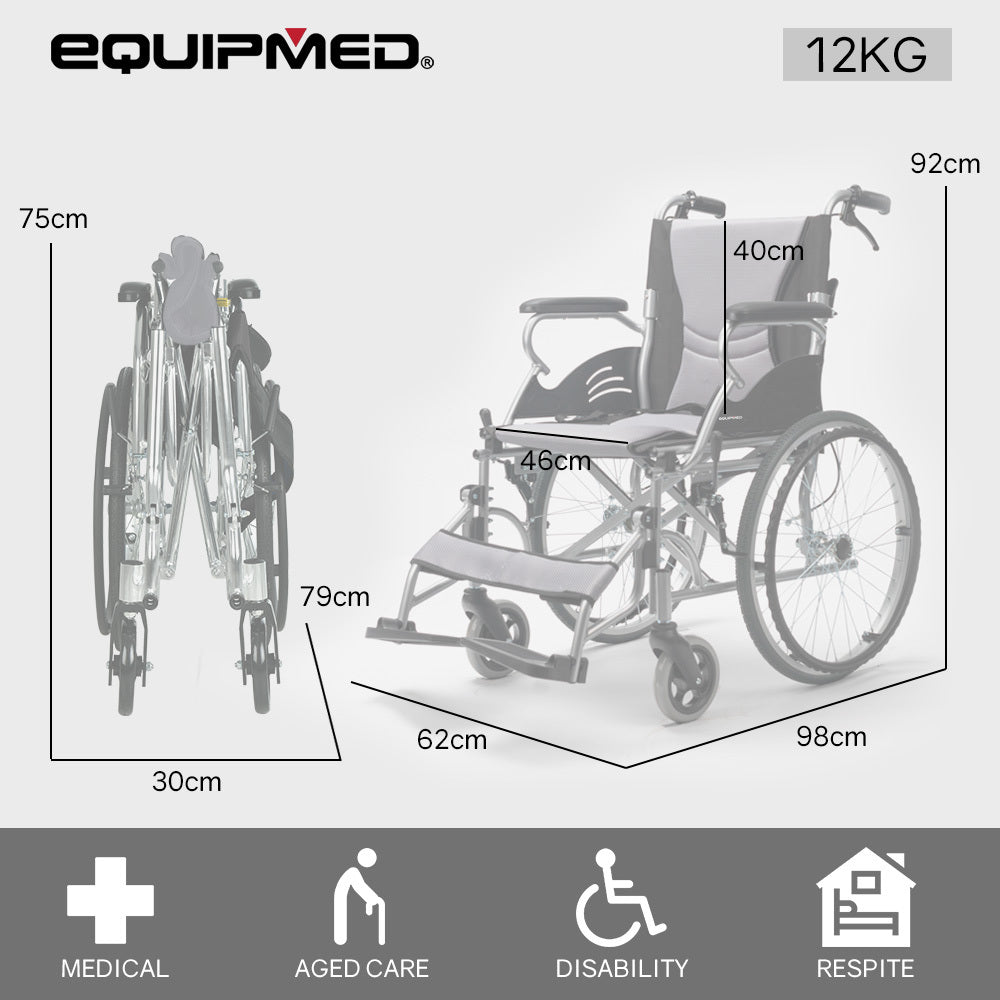 Equipmed Folding Aluminium Wheelchair Lightweight 100kg Capacity 20-inch Wheels
