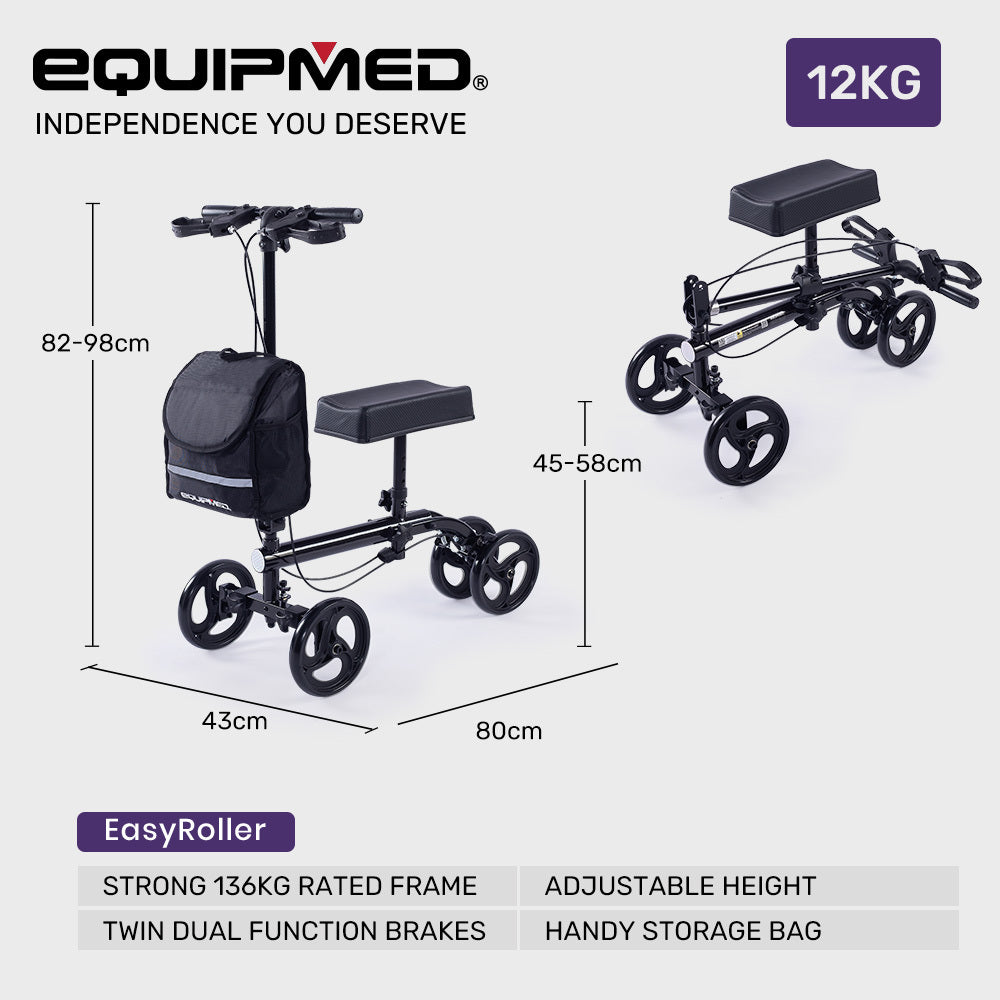 Equipmed Easy-Roller Knee Scooter Steel Frame Dual Brakes Black