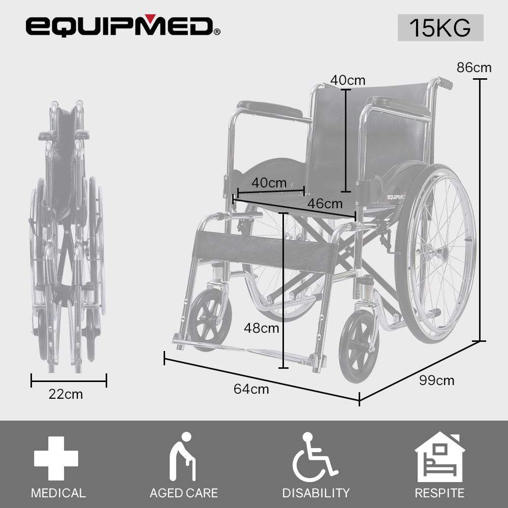 Equipmed Folding Wheelchair Self Propelled 24 inch Chrome Steel