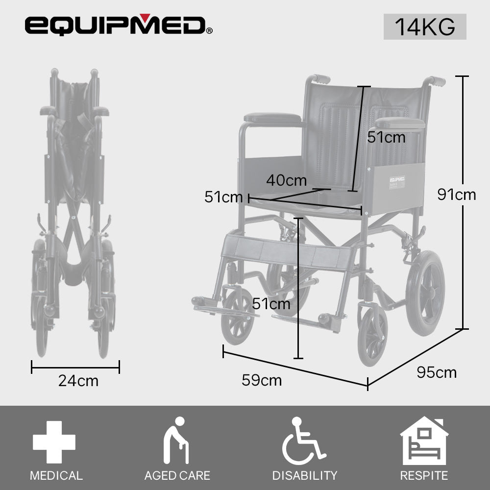 Equipmed Transport Wheelchair Attendant Propelled Wide 51cm Seat 114kg Capacity Steel