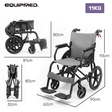 Equipmed Transport Wheelchair Lightweight Aluminium 100kg 16-inch Grey