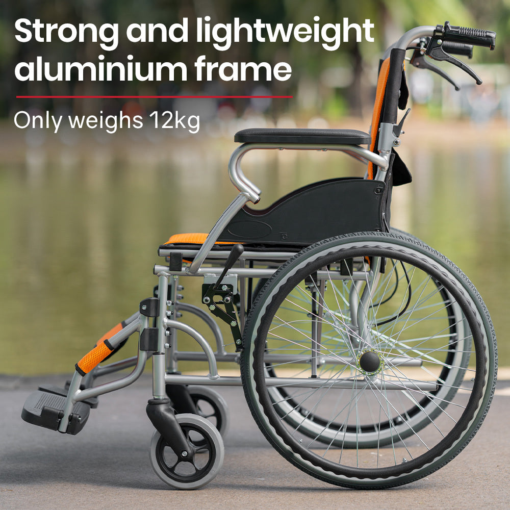 Equipmed Folding Aluminium Wheelchair 100kg Capacity 20-inch Orange