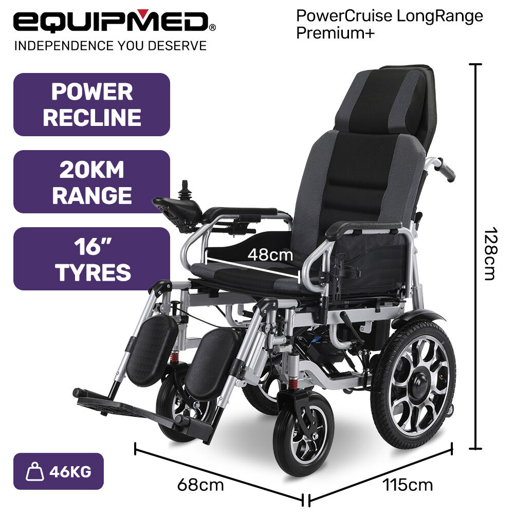 Equipmed Electric Wheelchair Auto Recline 20km Range Steel Frame