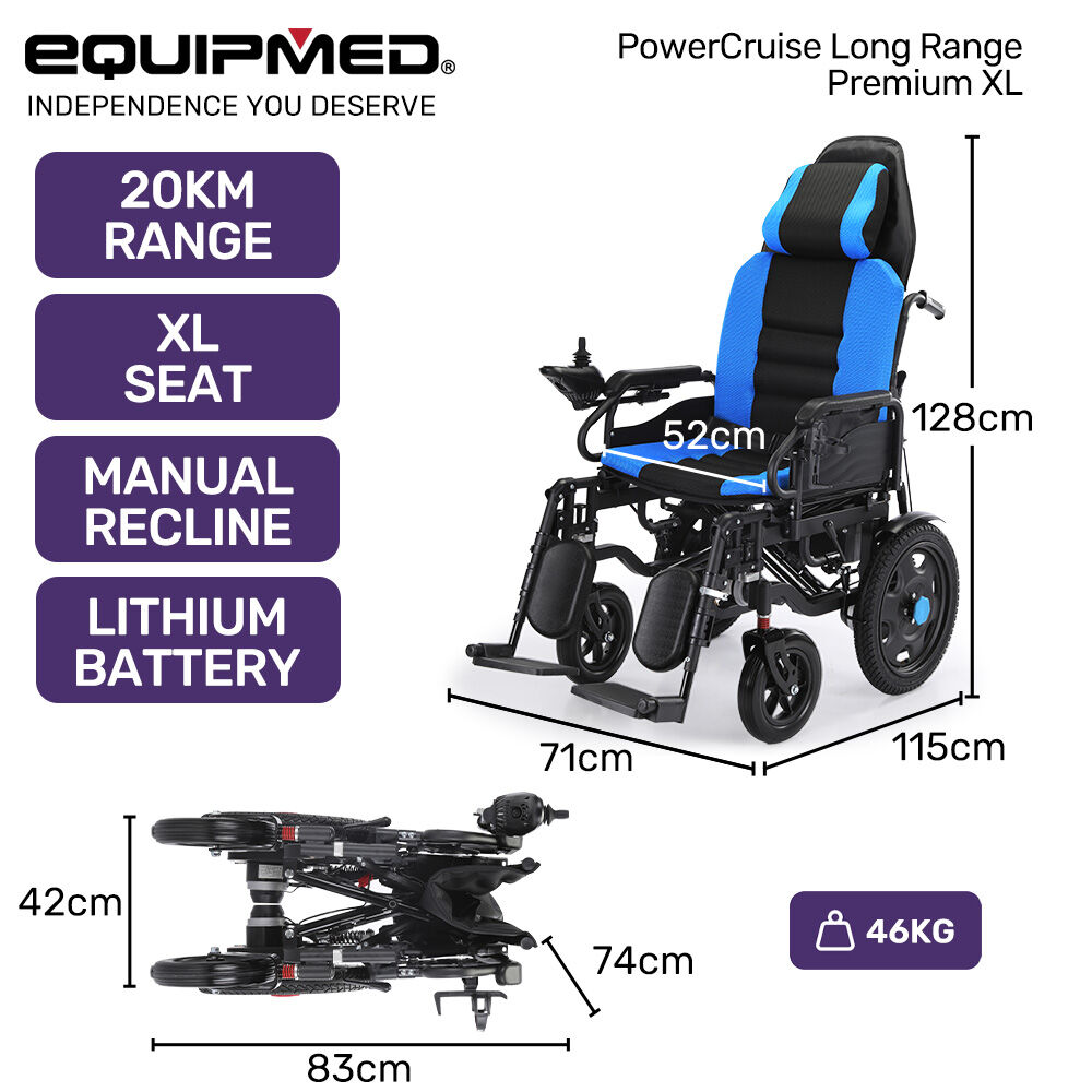 Equipmed Electric Wheelchair XL Bariatric 52cm Seat 20km Range Recline