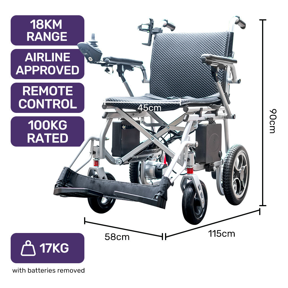 Equipmed Electric Wheelchair Ultra Lightweight 18km Range Airline Approved Silver