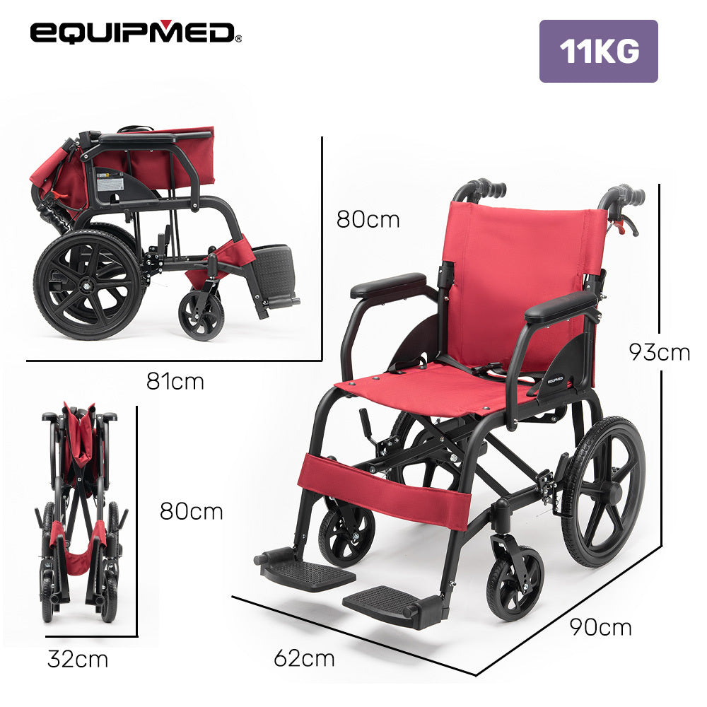 Equipmed Transport Wheelchair Aluminium 11kg 16-inch Crimson Red