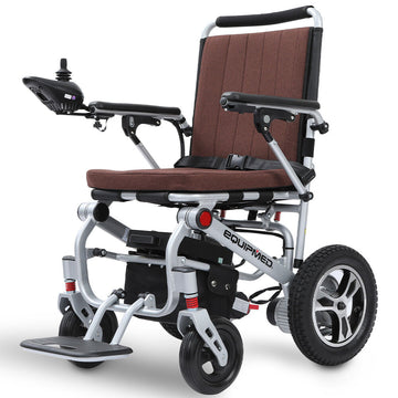 Equipmed Electric Wheelchair Airline Approved 23kg 110kg Joystick Control Brown