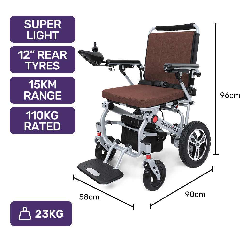 Equipmed Electric Wheelchair Airline Approved 23kg 110kg Joystick Control Brown