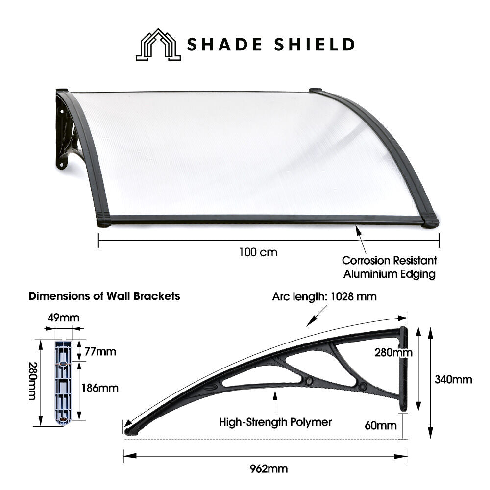 Shade Shield Window and Door Awning 1x1m Black Clear Polycarbonate