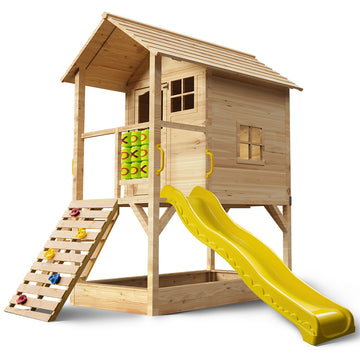 Rovo Kids Wooden Cubby House Tower with Slide Sandpit Climbing Wall 236cm