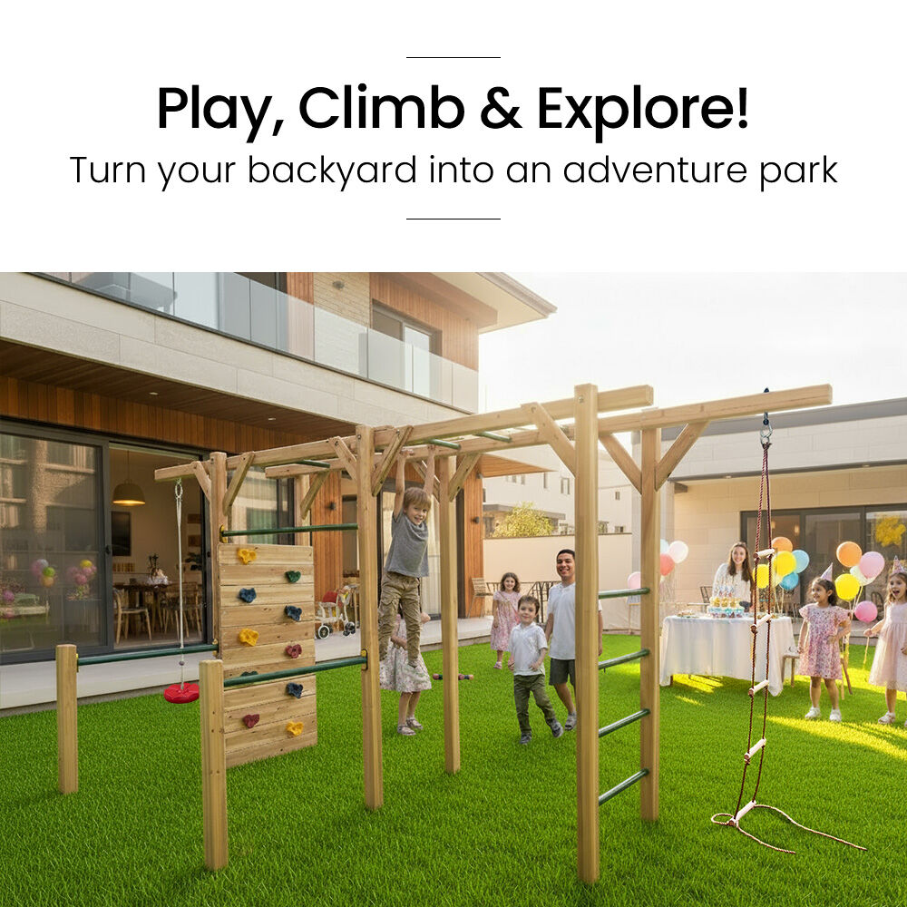 Rovo Kids Outdoor Monkey Bars Playset Frame Natural Timber