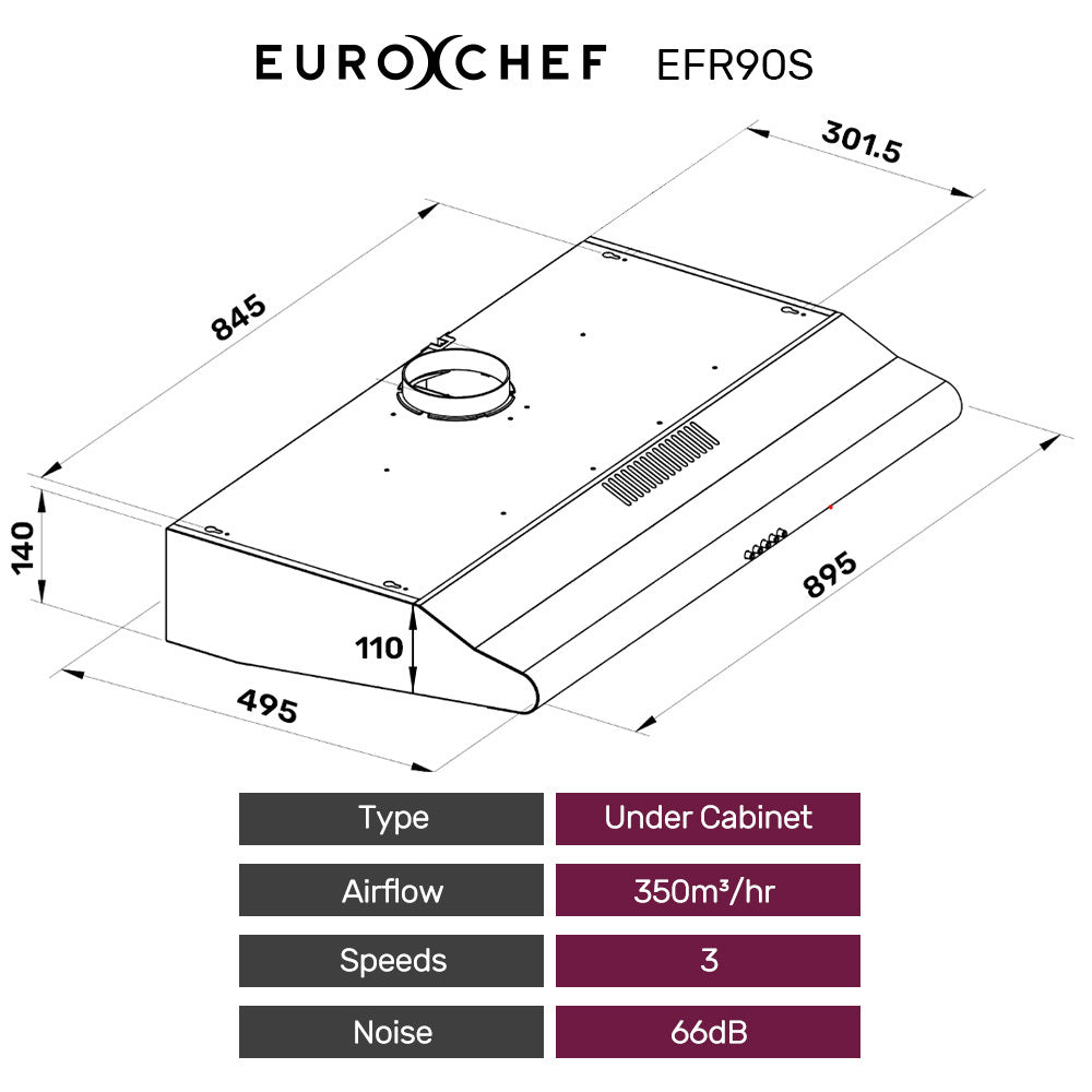 EuroChef 90cm Fixed Rangehood Stainless Steel 350m3/h Halogen