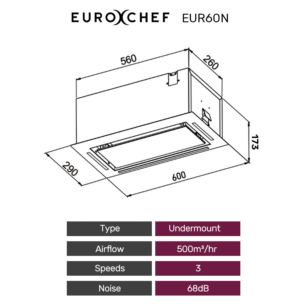EuroChef 60cm Undermount Rangehood Stainless Steel LED 500m3/h