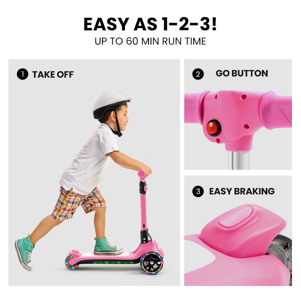 Rovo Kids 3-Wheel Electric Scooter Ages 3-8 Adjustable Pink
