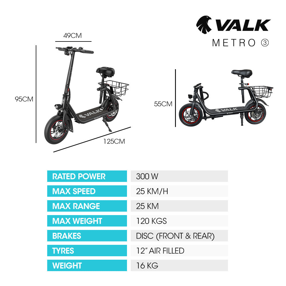 VALK Metro 3 Electric Scooter with Seat 25km/h 20km Range Black
