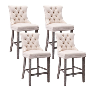 Tufted Velvet Bar Stool Nailhead Trim Solid Wood Legs Beige