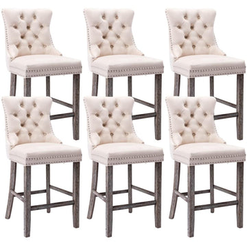 Velvet Tufted Bar Stools Stud Trim Rustic Wood Legs Beige Set of 6