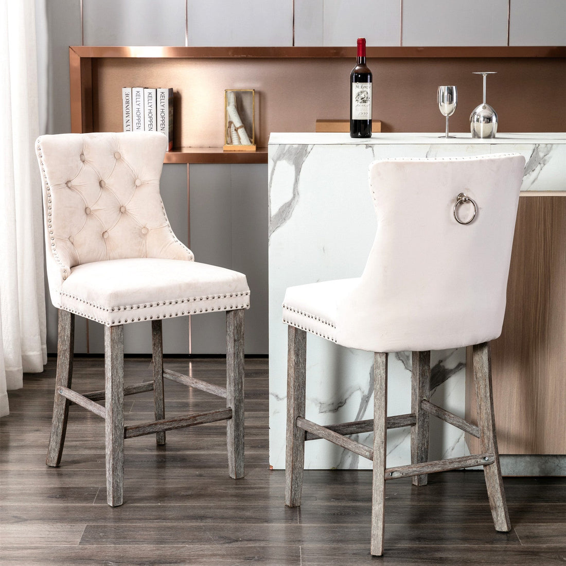 Velvet Tufted Bar Stools Stud Trim Rustic Wood Legs Beige Set of 6