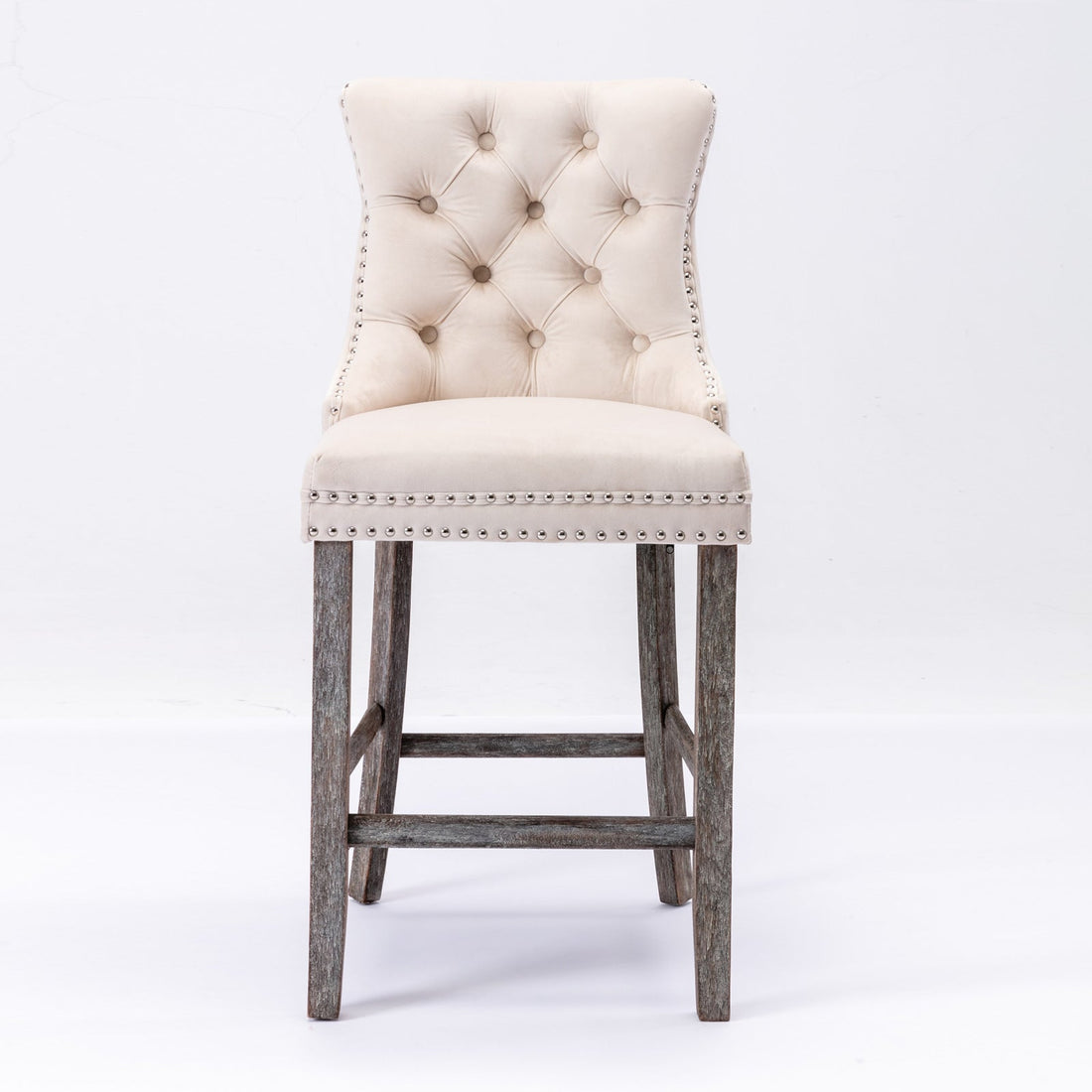 Velvet Bar Stool Button Tufted Stud Trim Wooden Legs Beige