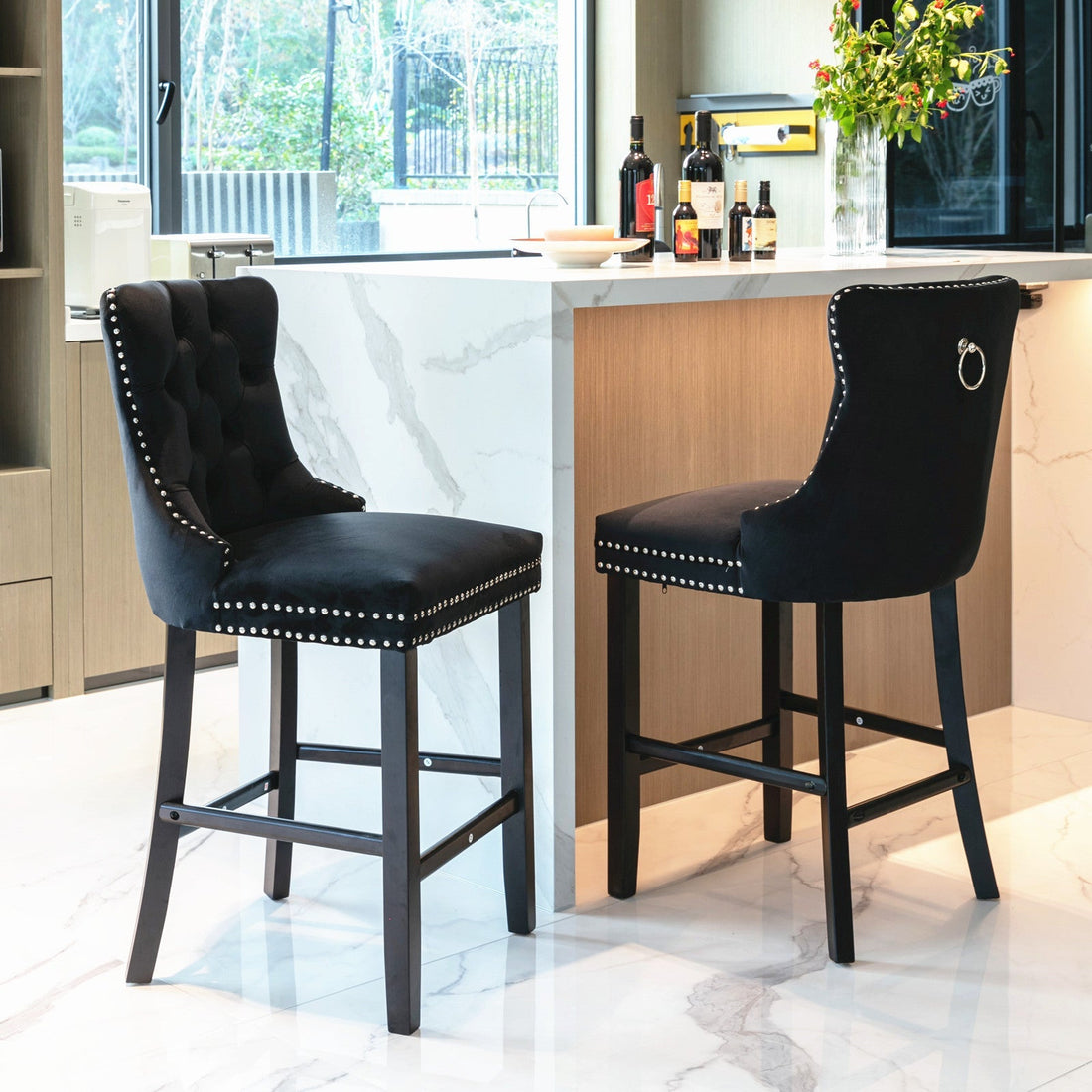Velvet Stud Trim Bar Stools Set of 4 Black