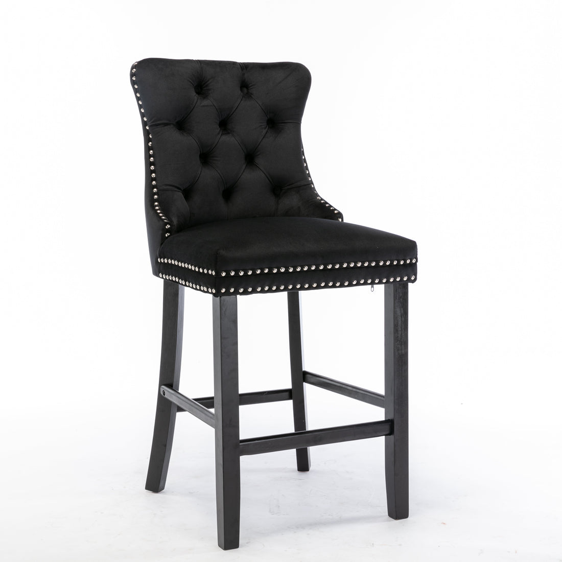 Velvet Bar Stools Button Tufted Stud Trim Wooden Legs Black