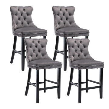 Velvet Stud Trim Bar Stools Set of 4 Grey