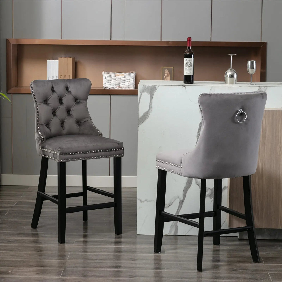 Velvet Stud Trim Bar Stools Set of 4 Grey
