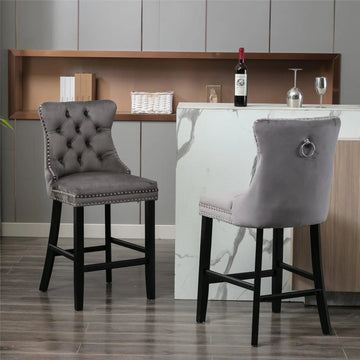 Velvet Bar Stools Button Tufted Stud Trim Wooden Legs Grey
