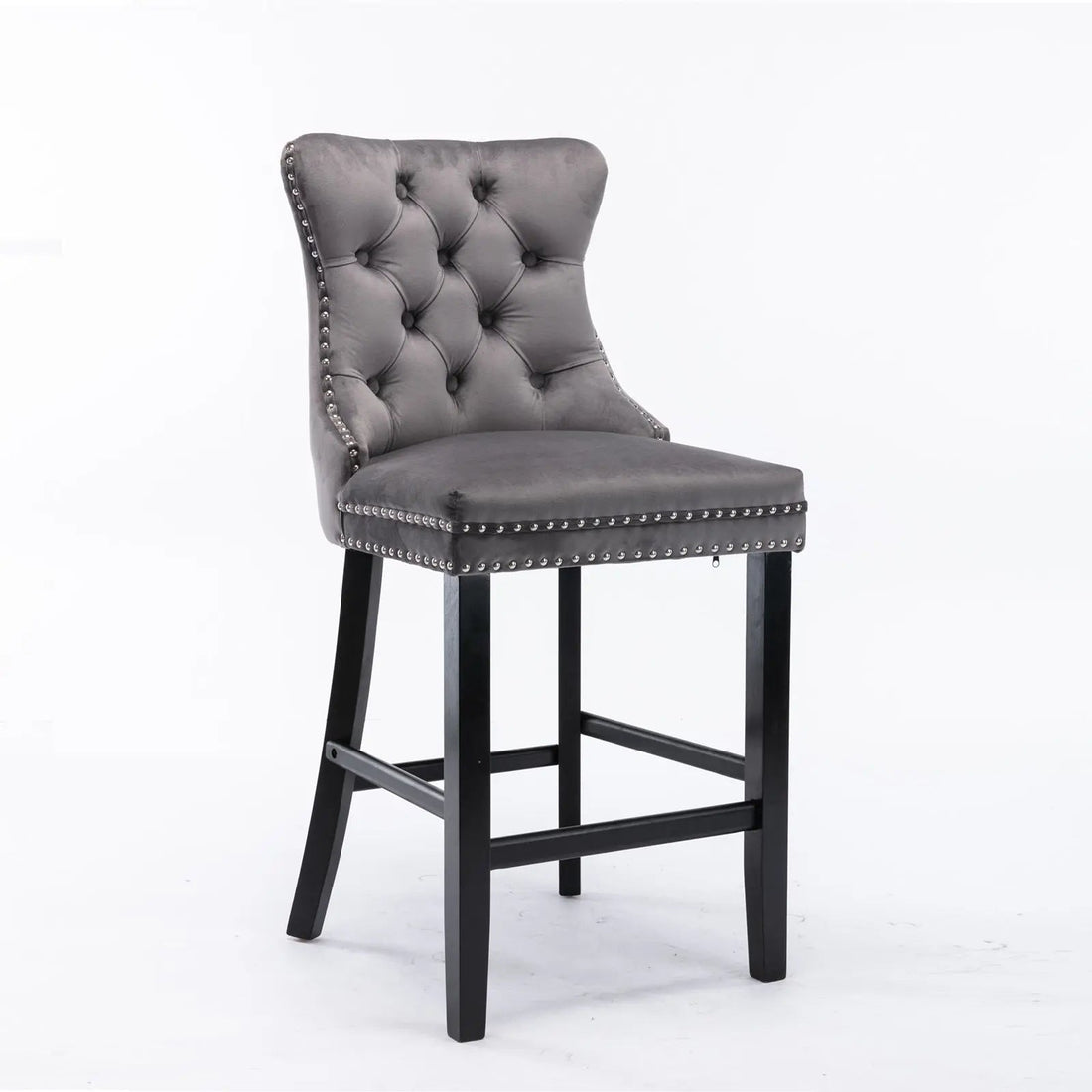 Velvet Bar Stools Button Tufted Stud Trim Wooden Legs Grey