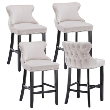 Velvet Button Tufted Bar Stools with Stud Trim Wood Legs Beige