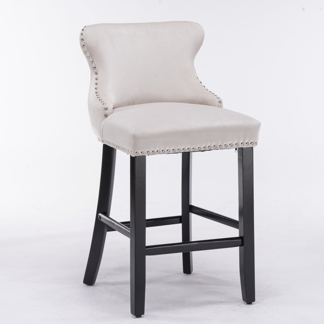Velvet Bar Stools Button Tufted Stud Trim Wooden Legs Beige