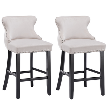 Velvet Bar Stools Button Tufted Stud Trim Wooden Legs Beige