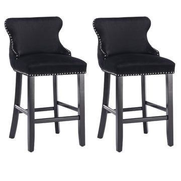 Velvet Upholstered Bar Stools Set of 2 Button Tufted Black