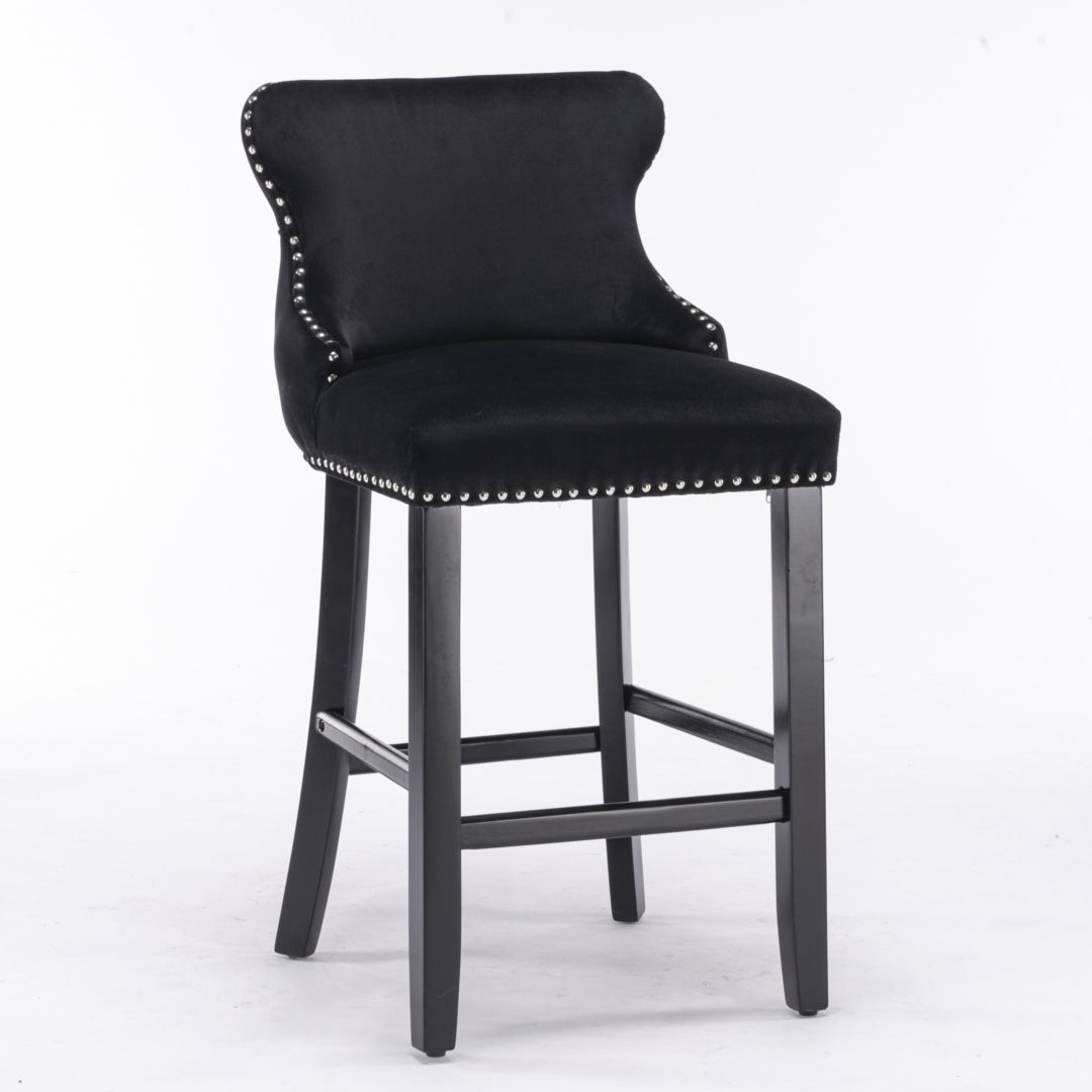 Velvet Upholstered Bar Stools Set of 2 Button Tufted Black