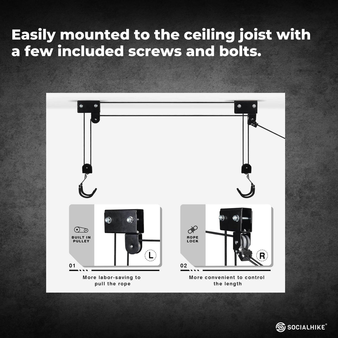 Social Hike Kayak Hoist Garage Ceiling Storage Pulley System 45kg