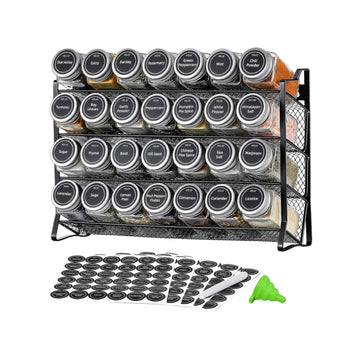 Kitchee 4-Tier Metal Spice Rack with 28 Glass Jars Black