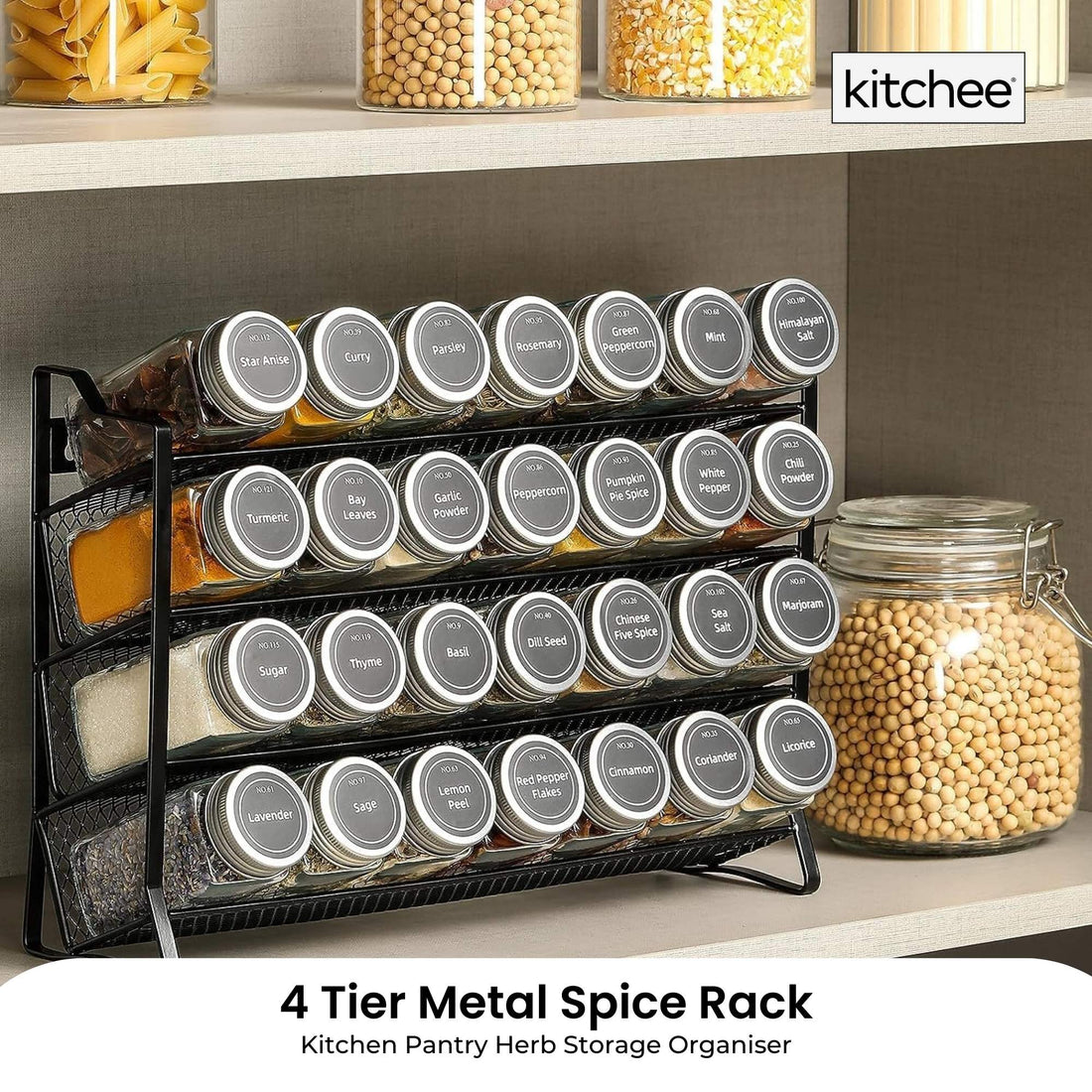 Kitchee 4-Tier Metal Spice Rack with 28 Glass Jars Black