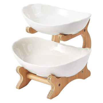 2-Tier Porcelain Fruit Bowl with Bamboo Stand White