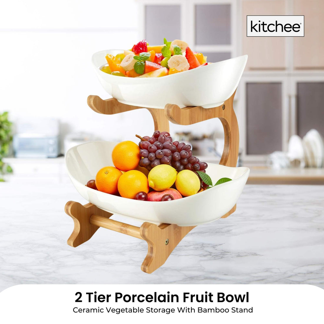 2-Tier Porcelain Fruit Bowl with Bamboo Stand White