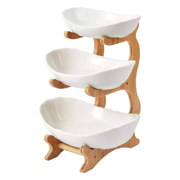 3-Tier Porcelain Fruit Bowl with Bamboo Stand White