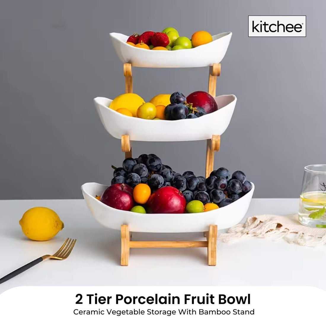 3-Tier Porcelain Fruit Bowl with Bamboo Stand White