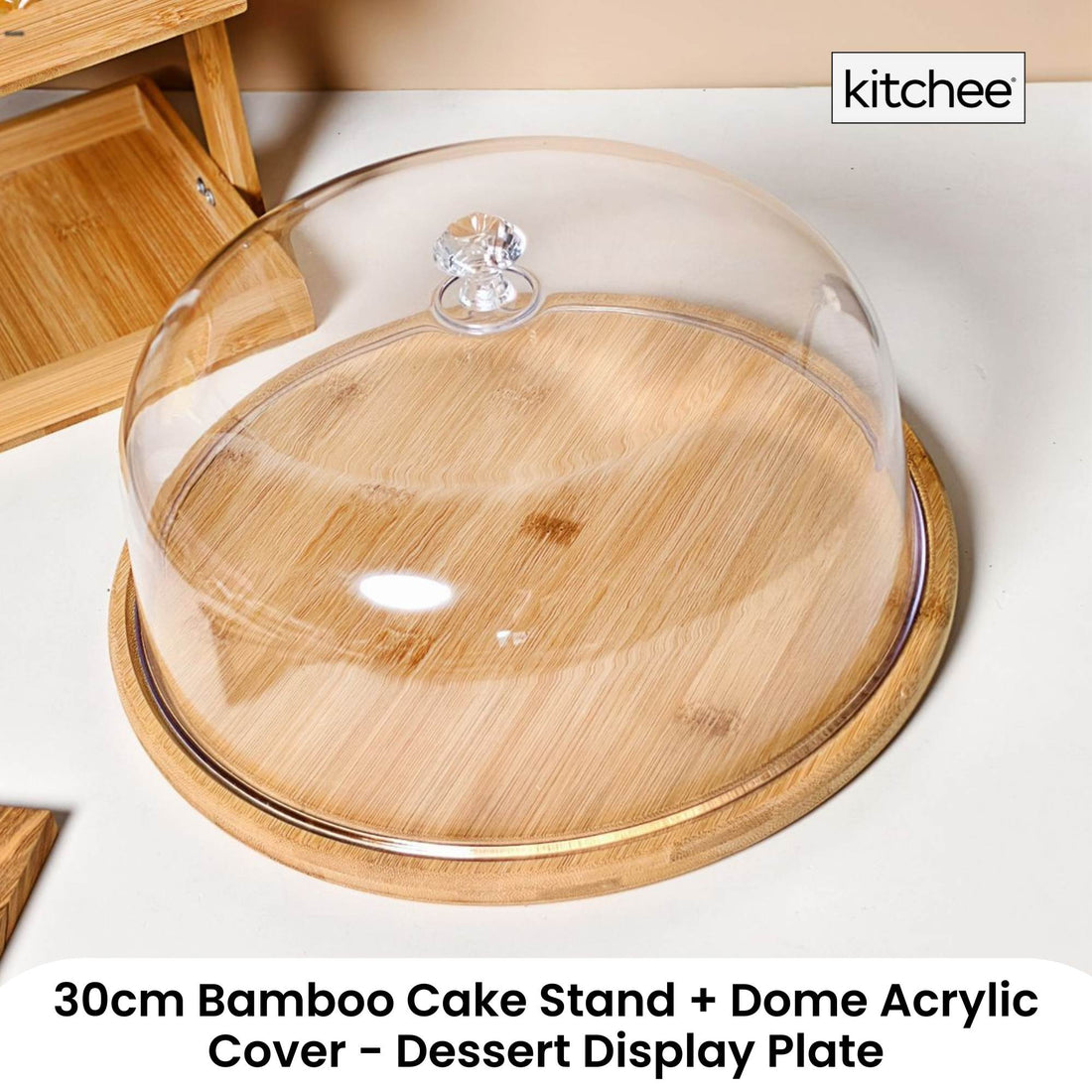 Bamboo Cake Stand 30cm with Acrylic Dome Cover Display Plate