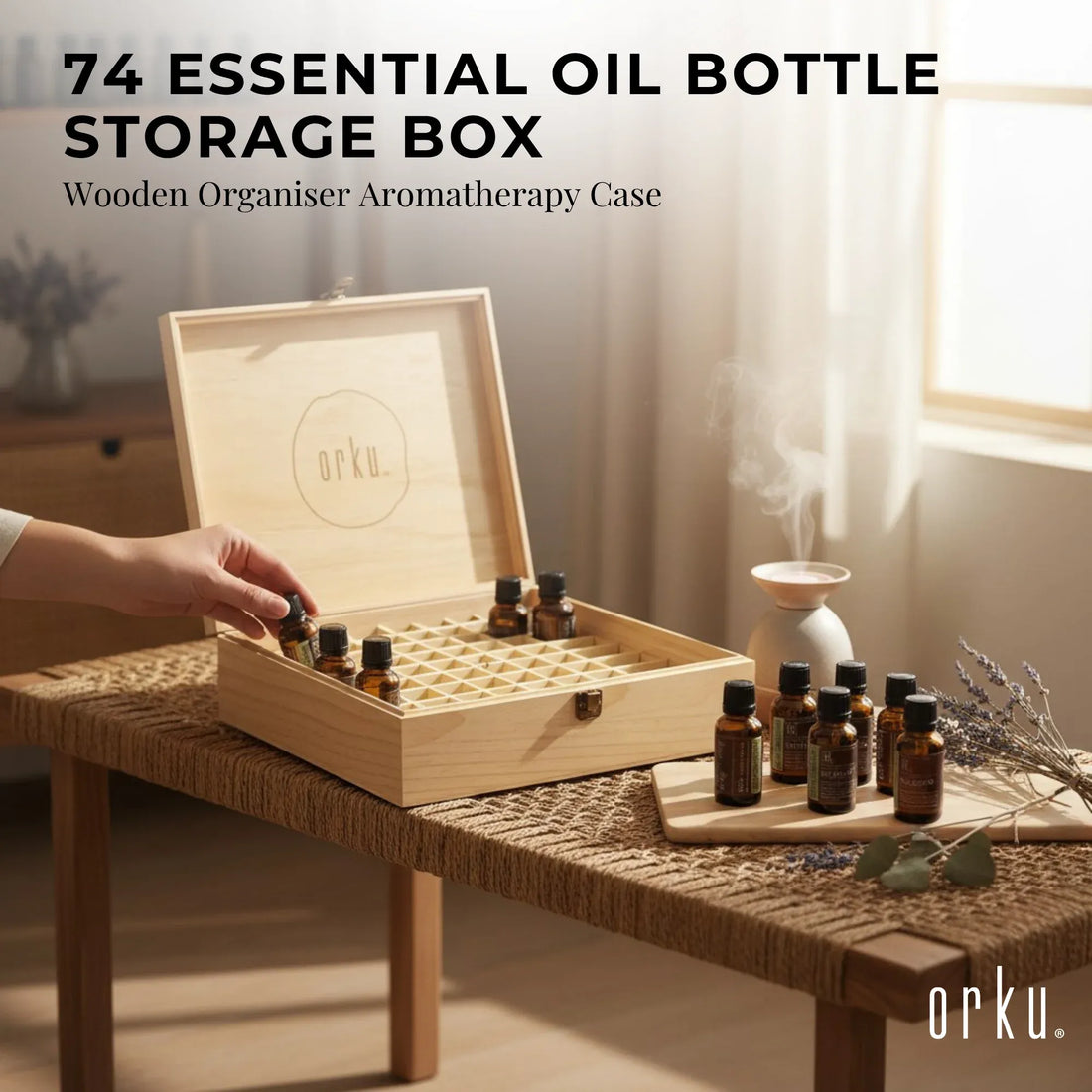 Orku Essential Oil Storage Box Organiser 74 Slot Natural Pine Wood
