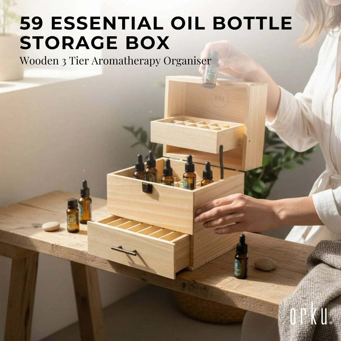 Essential Oil Storage Box 3 Tier Natural Pine Organiser Holds 59 Bottles