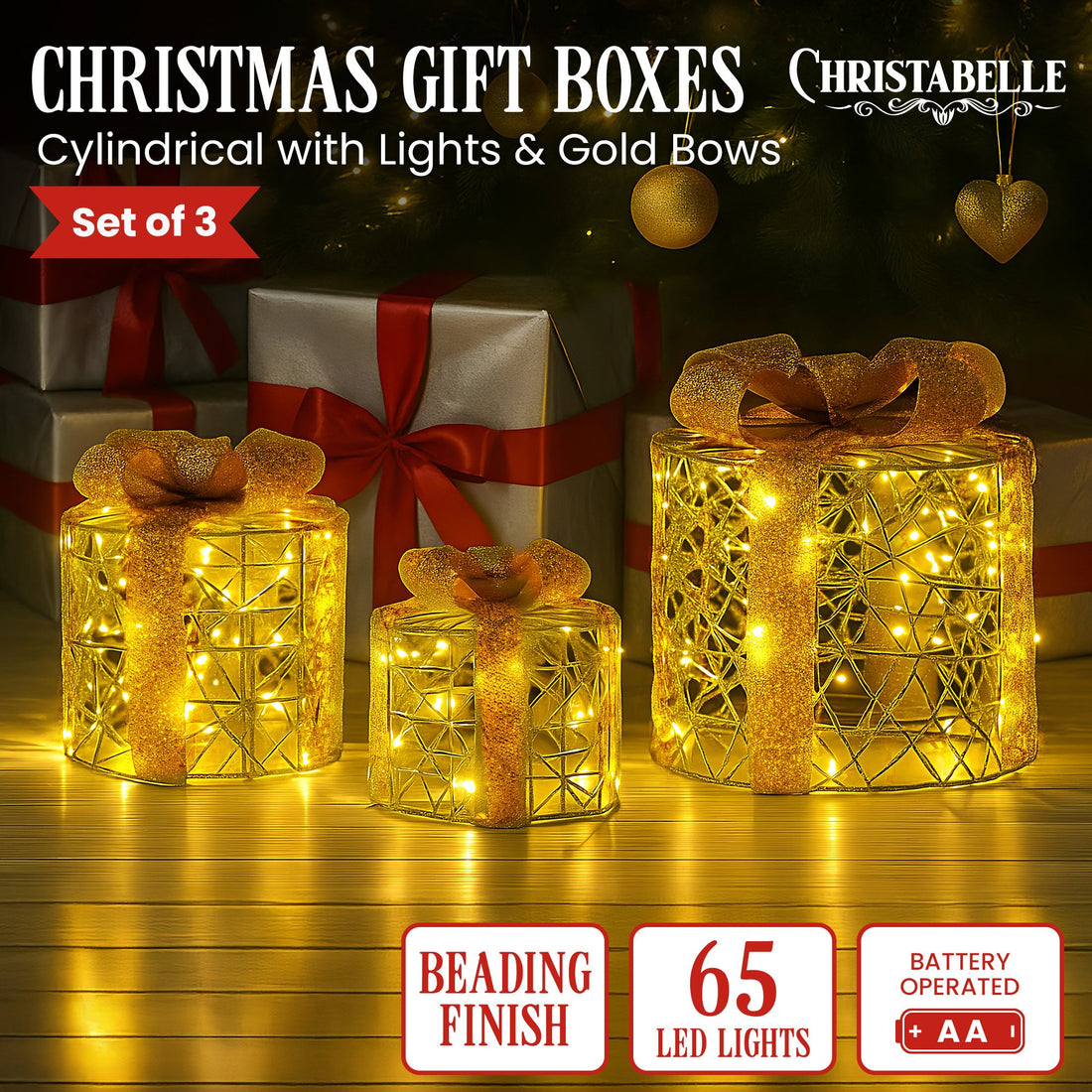 Christabelle LED Christmas Gift Box Set Gold 3-Piece with Lights
