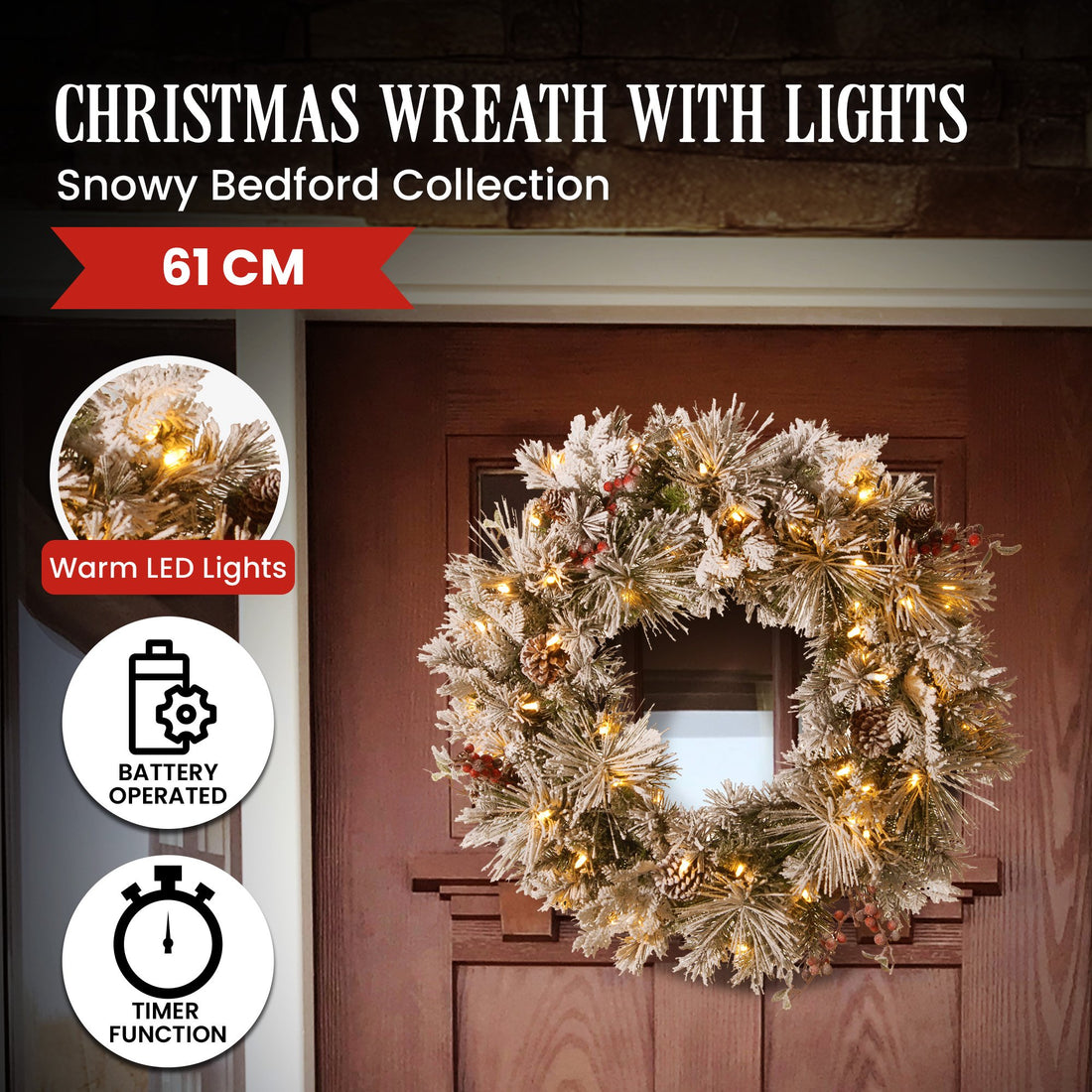 Christabelle Snowy LED Christmas Wreath 61cm