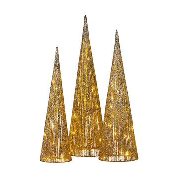 Christabelle Gold Cone Christmas Tree Set LED Lights Indoor Outdoor 3-Pack